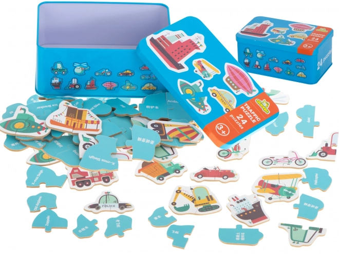 Puzzle avec motifs de moyens de transport dans une boîte en métal