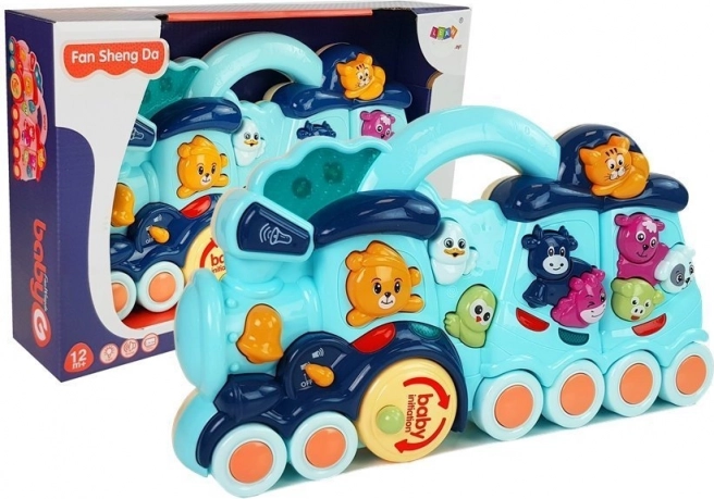 Locomotive interactive bleue pour enfants avec sons d’animaux et effets lumineux
