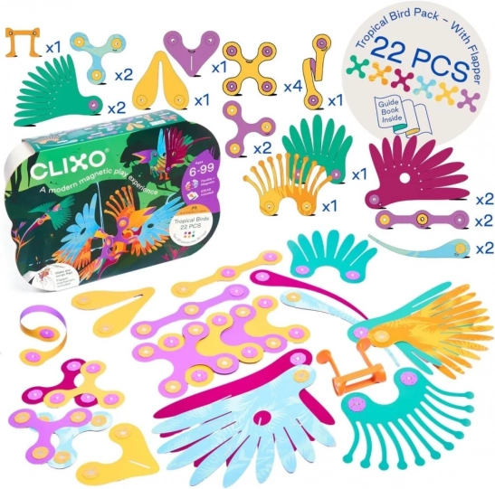 Jeux de construction magnétiques Clixo - Oiseaux tropicaux - 22 pièces