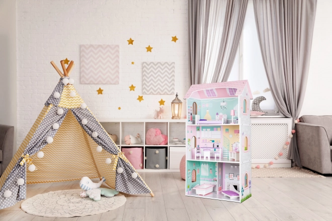 ECOTOYS Maison de poupées à trois étages Fraise
