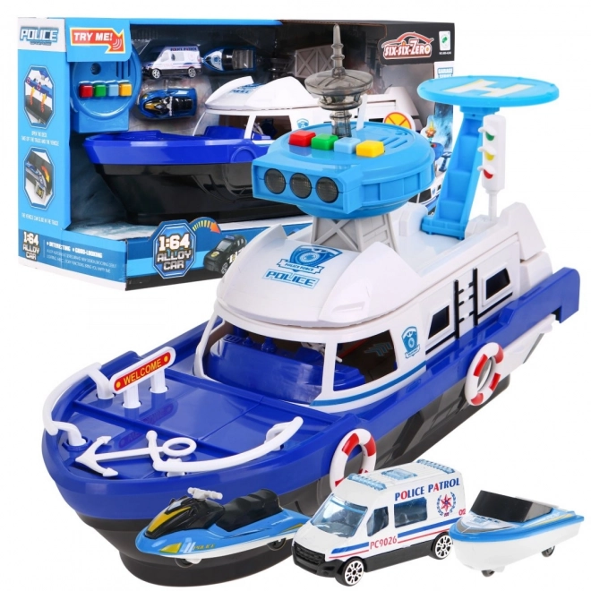 Bateau de police interactif 2 en 1 avec espace de rangement et lumières et sons