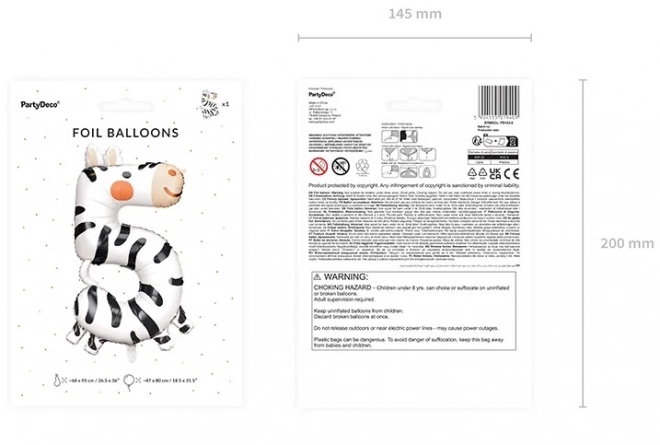 Ballon d'anniversaire en feuille numéro 5 - Zèbre 68 x 98 cm