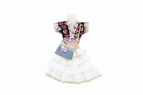Robes/Vêtements courts pour poupées, assortiment de types en sac 22x30 cm