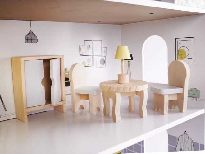 Maison de poupée avec meubles en bois gris
