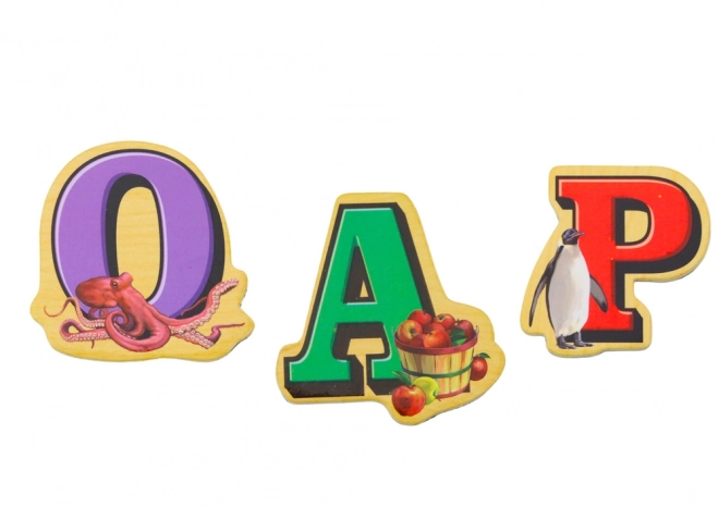 Aimants en bois avec des lettres et des images, 26 pièces