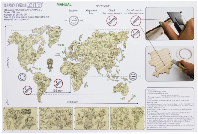 Carte du monde animal en bois 3D, taille M
