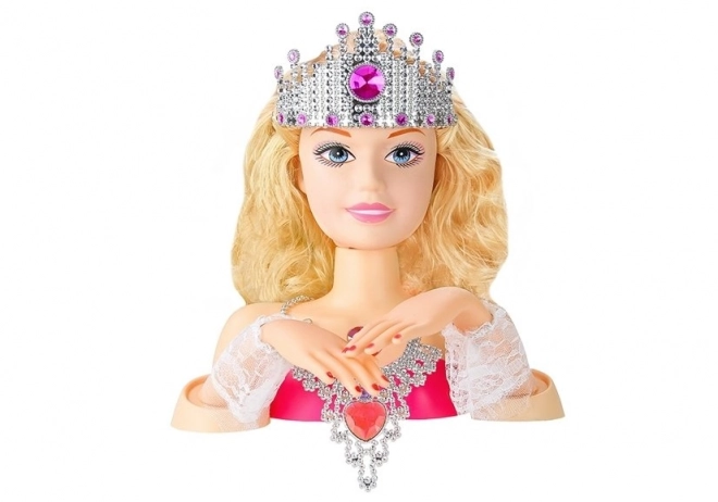 Tête de poupée stylée avec couronne + accessoires