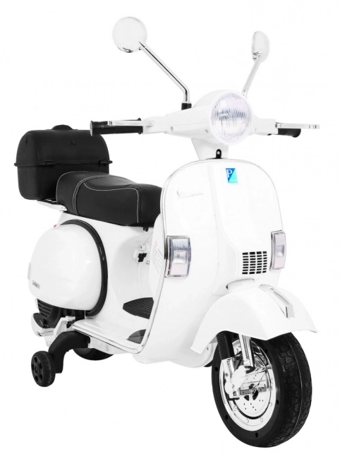 Scooter électrique pour enfants Vespa blanc avec roulettes auxiliaires, audio et similicuir