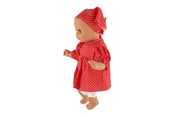 Poupée/Bébé Hamiro 30cm, corps en tissu robe rouge + pois blancs + foulard dans boîte 20x35x13cm