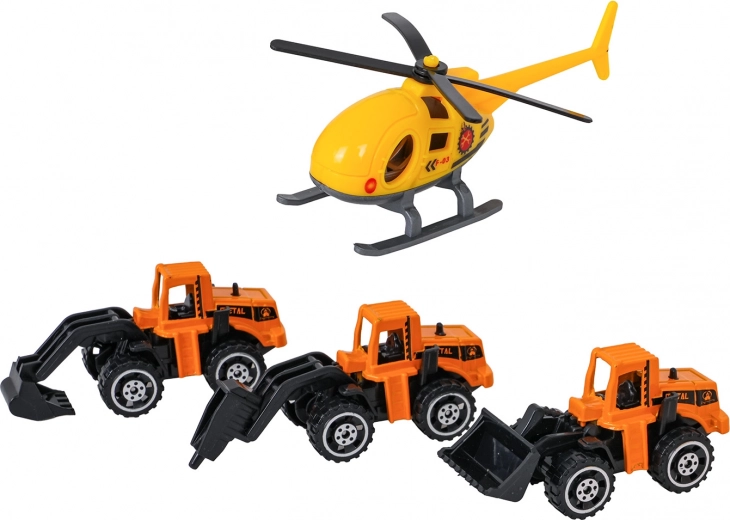 3 véhicules de chantier en métal et hélicoptère