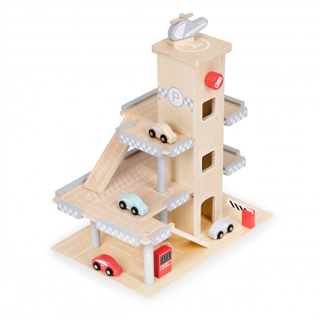 ECOTOYS Grande garage en bois avec ascenseur et petites voitures