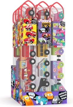 Set de petites voitures en bois dans un tube – 4 véhicules