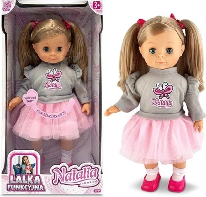 Poupée Natalia avec pull gris, parle tchèque, 39 cm