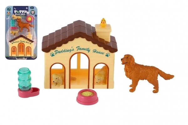 Chiens 3pcs avec maisonnette/cabane en plastique avec accessoires sur carte 15x25x5cm