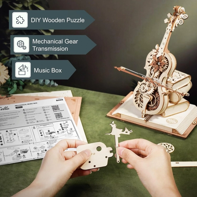 Casse-tête mécanique en bois RoboTime Violoncelle Magique (moteur électrique)