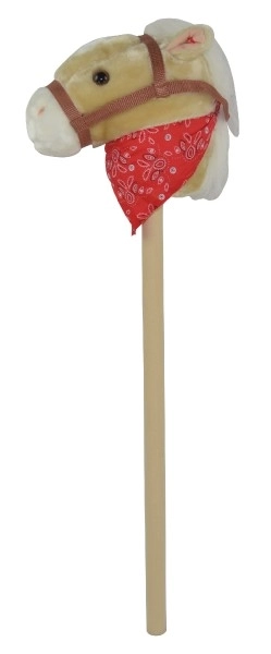 Cheval en peluche sur bâton 80 cm sur piles avec son beige dans un sac