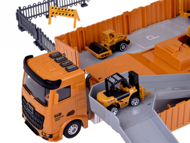 Ensemble interactif camion avec remorque dépliable, grue et chariot élévateur