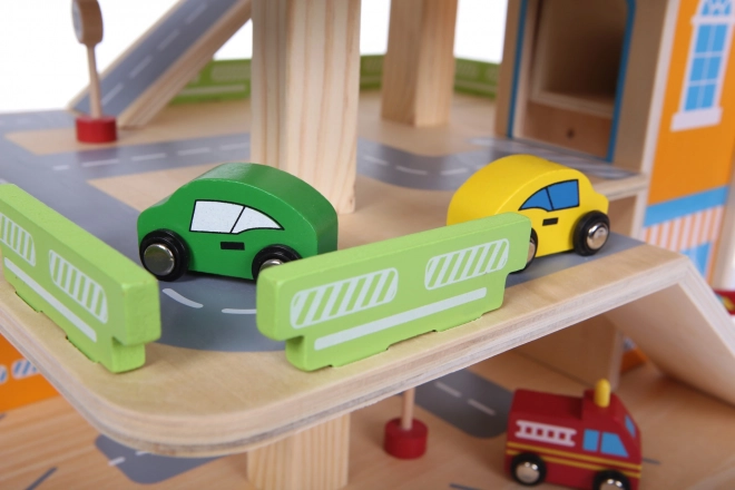 Piste de garage en bois avec ascenseur + petites voitures Ecotoys