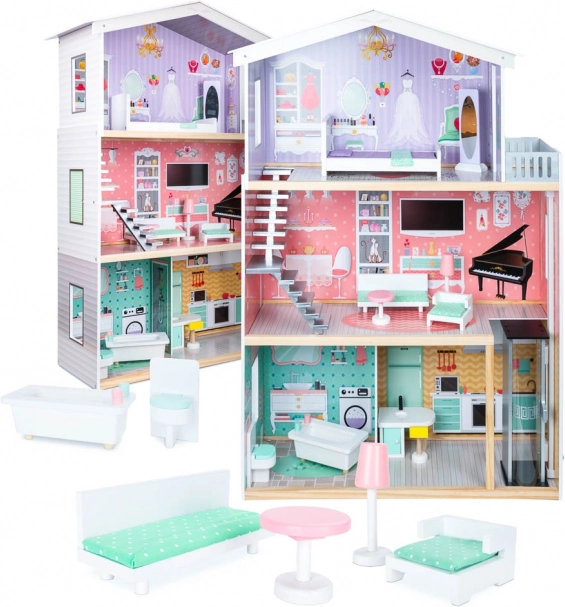 Maison de poupée en bois pastel avec mobilier