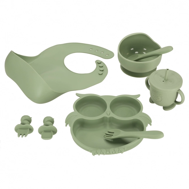 Ensemble vaisselle en silicone pour enfants avec motif hibou en vert militaire