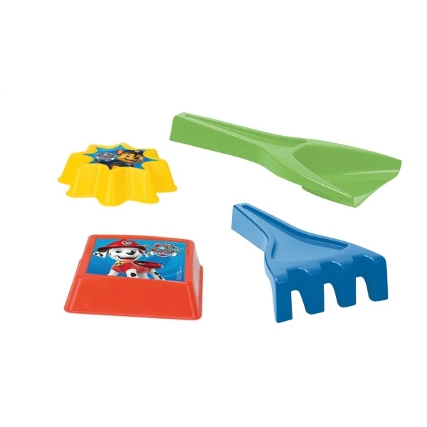 Ensemble de sable 4 pièces plastique pelle, râteau, 2 moules Paw Patrol/Pat’Patrouille 4 couleurs en filet