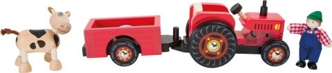Tracteur en bois à tirer avec fermier et vache small foot