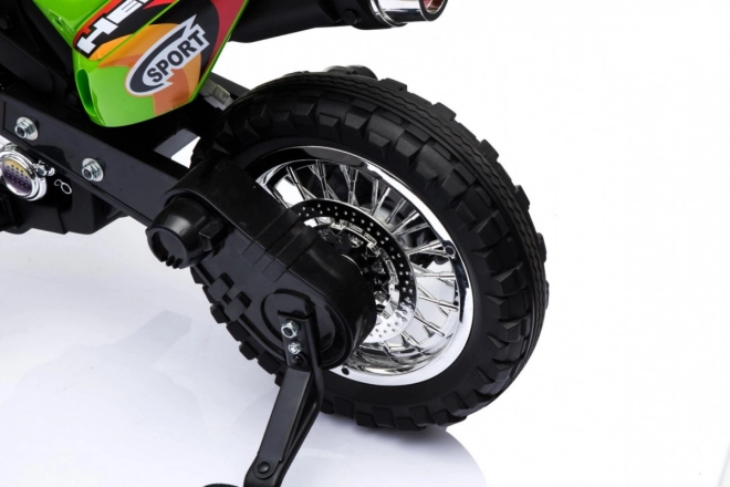 Moto cross électrique pour enfants à batterie – verte, avec roulettes stabilisatrices et feux LED