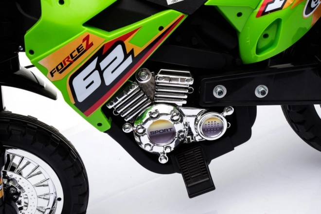 Moto cross électrique pour enfants à batterie – verte, avec roulettes stabilisatrices et feux LED