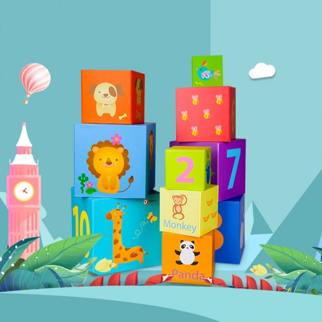 Pyramide en blocs carrés avec animaux et chiffres - 10 cubes