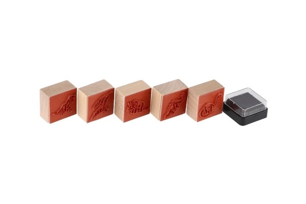 Tampons en bois 5+1 avec coussinet dinosaures 3x3cm sur carte