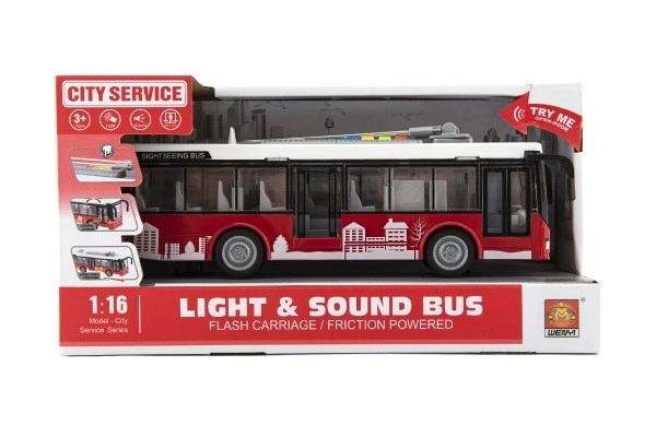 Autobus/trolleybus en plastique 28cm à inertie avec lumière et son dans une boîte 32x17x11cm