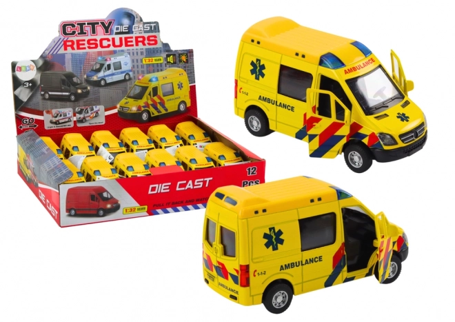 Modèle d'ambulance 1:32 avec portes ouvrantes et effets lumineux et sonores - jaune