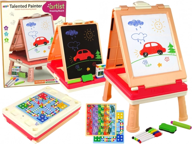 Tableau 3-en-1 double face avec table et jeux – rose
