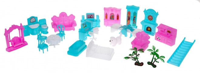 Maison de poupées à trois étages Cadeau pour filles 6+ Villa bleue avec accessoires