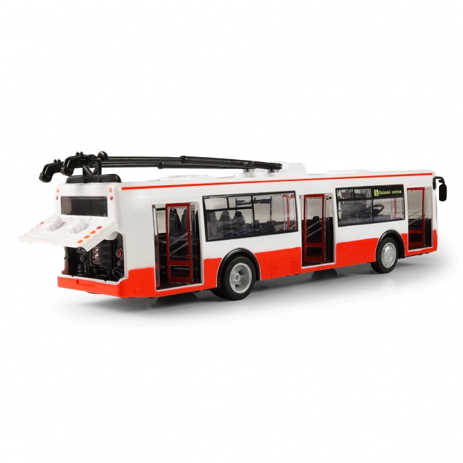 Trolleybus parlant tchèque en plastique 29cm rouge marche libre sur bat. avec lumière et son en boîte 33x11x10cm