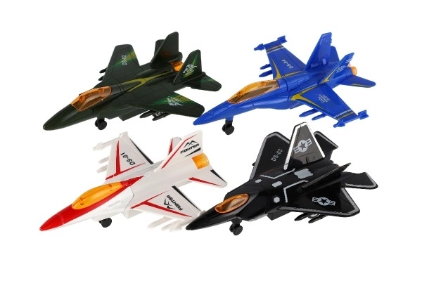 Chasseur en métal et plastique avec mécanisme d'enroulement 16 cm - ensemble de quatre avions colorés