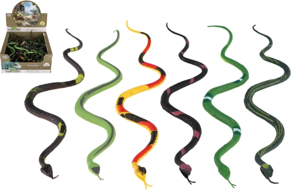 Serpents en plastique 23 cm – assortiment d’espèces, 60 pcs en boîte