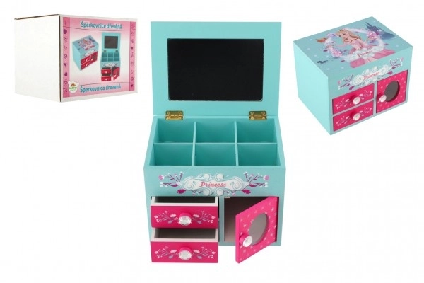 Boîte à bijoux Princess 3 tiroirs avec dessus rabattable et miroir bois 16x12,5x12cm en boîte