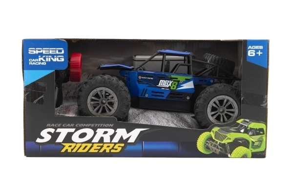 Buggy RC tout-terrain bleu 22cm plastique 2,4GHz sur batterie + pack rechargeable en boîte 32x16x18cm