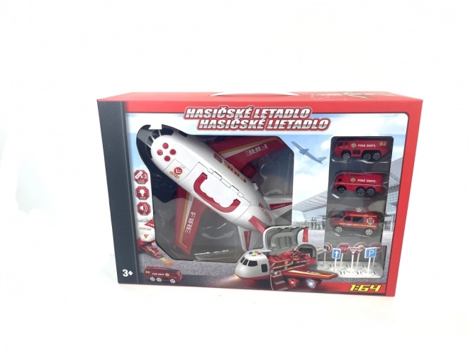 Avion de pompiers avec soute et 3 petites voitures