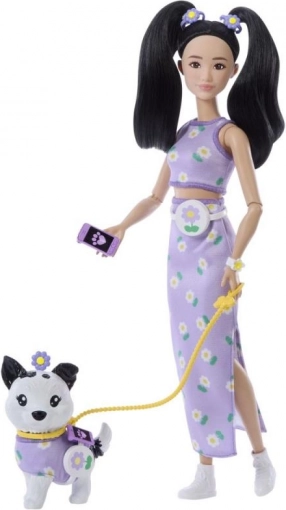 Barbie tenue double fleurs – poupée avec chiot et accessoires