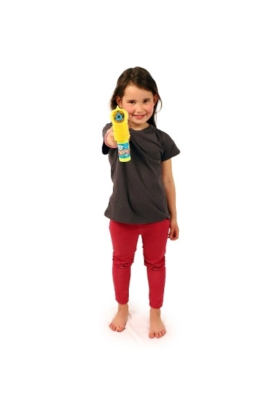 Pistolet à bulles jaune en plastique 13cm + 1 recharge à piles sur carte