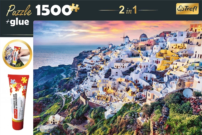 Trefl Ensemble 2en1 Puzzle Magnifique Île de Santorin Grèce 1500 Pièces avec Colle