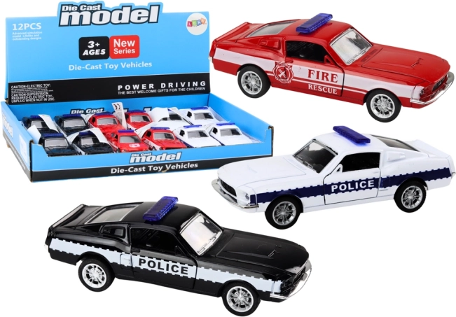 Voiture de police et de pompiers en métal 1:32 avec propulsion à friction