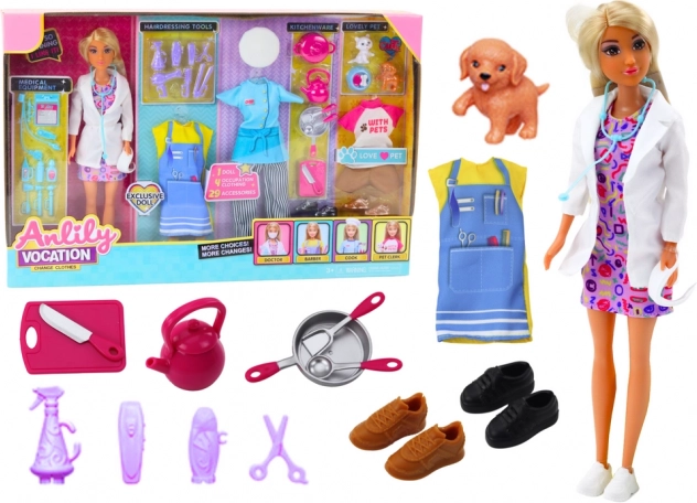 Poupée Anlily 4-en-1 – médecin, coiffeuse, cuisinière et soigneuse d’animaux avec tenues et accessoires