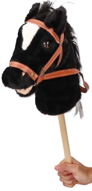 Cheval-bâton Baron, cheval en peluche noir sur bâton avec sons