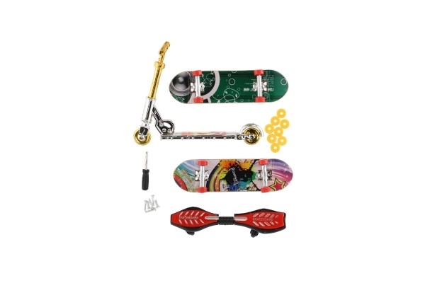 Ensemble de skateboard à visser, trottinette à doigts, waveboard en plastique avec accessoires, mélange de types sur carte 16x30cm