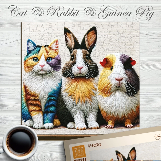 Puzzle en bois Chat, Lapin et Cochon d'Inde 250 pièces de Wooden City