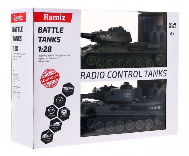Chars radiocommandés 2 T-34 vs. Tiger pour enfants 3+ Modèles à tir 1:28 + Grande bataille de chars + Sons lumineux