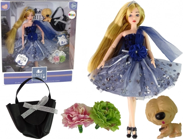 Poupée Emily avec son chien, son sac à main et des fleurs